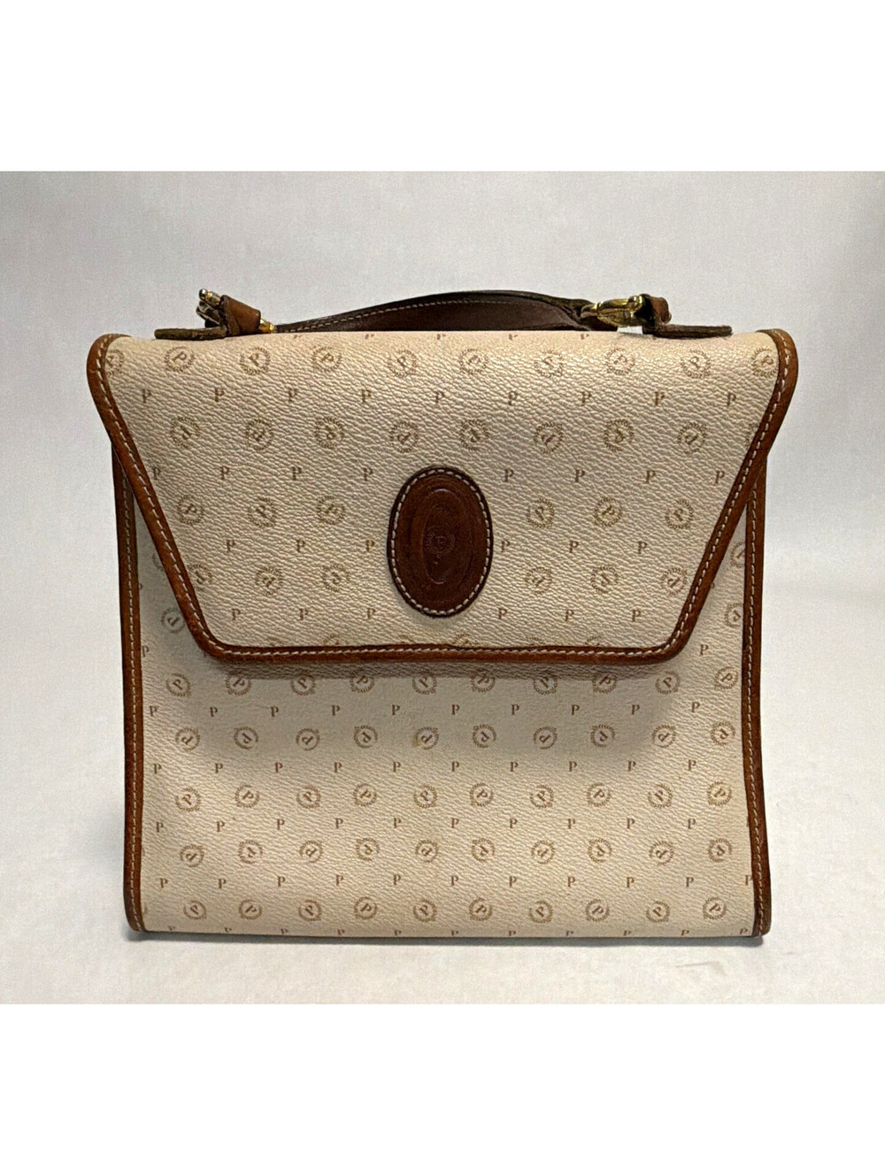 Vintage Pollini Italy Monogram P Shoulder Bag Cream Brown Leather Trim Magnetic